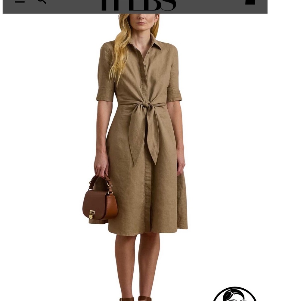 Lauren Ralph Lauren Wakana Linen Tie Front Shirt Dress Khaki Tan‎ Midi 16 W